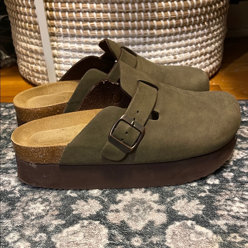 Olive Green Suede Mules